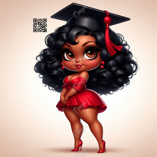 High-resolution PNG of a melanin-rich woman in a red graduation gown and cap with transparent background, perfect for senior crafts and apparel.
