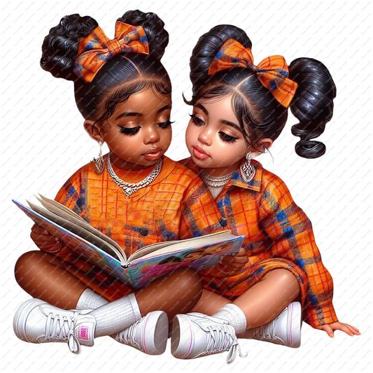 Two young girls in plaid outfits reading a book together on a white background
