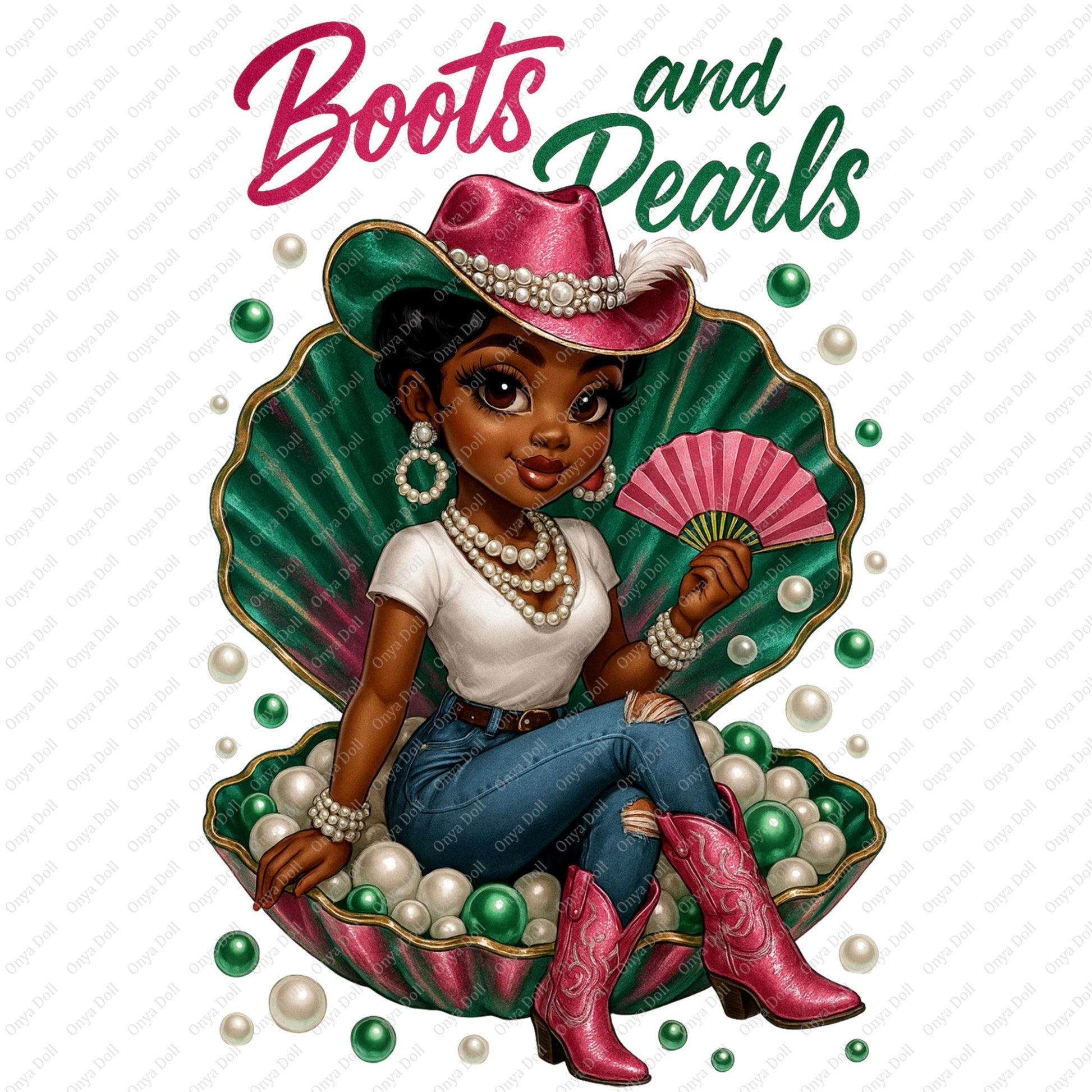 Illustration of a woman in cowboy hat and boots with 'Boots and Pearls' text.