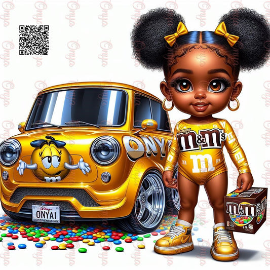 Smiling melanin child enjoying M&M’s candy with playful expression. High-resolution PNG with transparent background for planners, kids' crafts, and sublimation.
