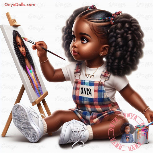 High-resolution PNG of a melanin-rich little girl painting, perfect for art-themed kids' crafts, party decor, shirts, and classroom visuals.
