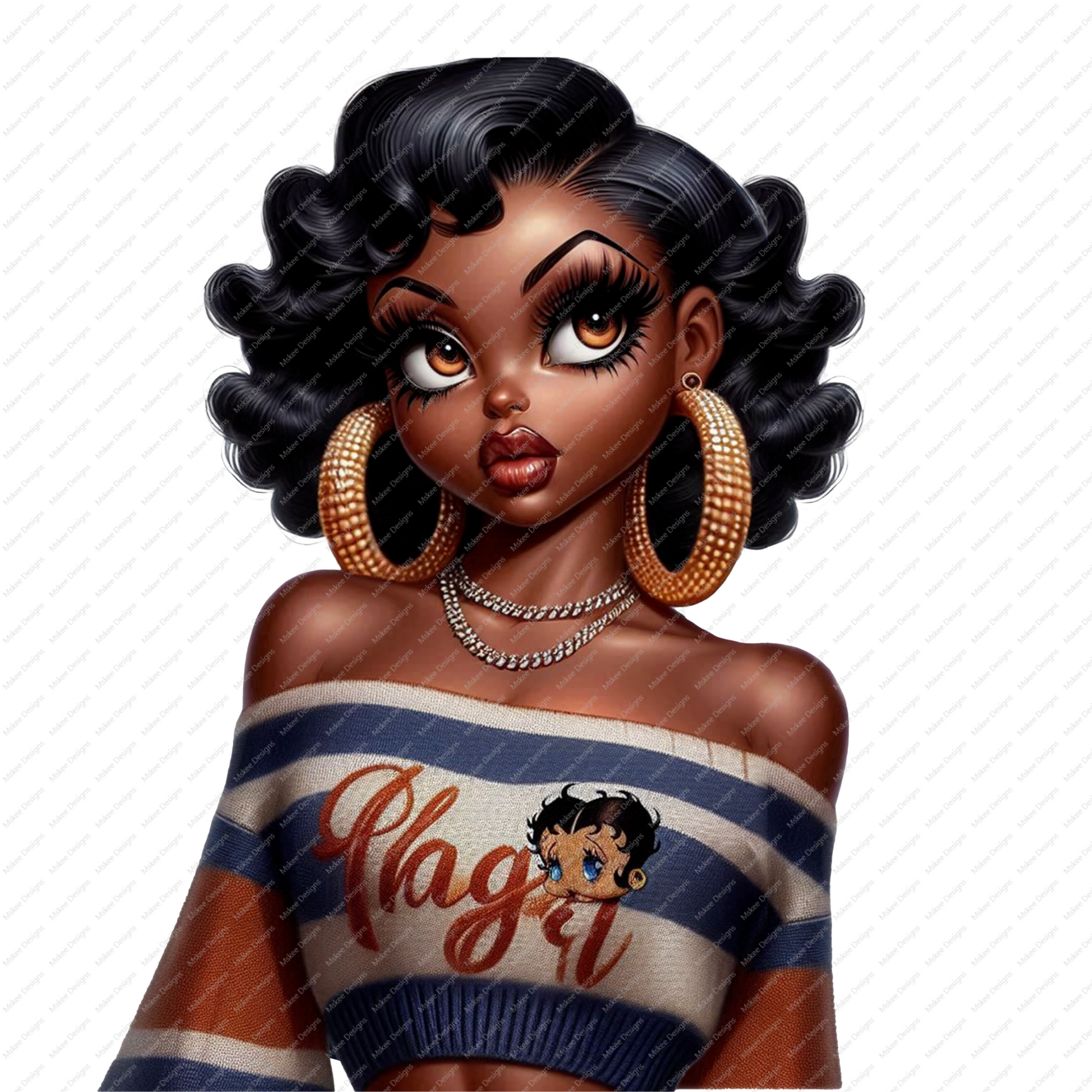 High-resolution PNG of a confident Afro Betty Boop-inspired character with melanin-rich features, perfect for sublimation and baddie-themed designs.
