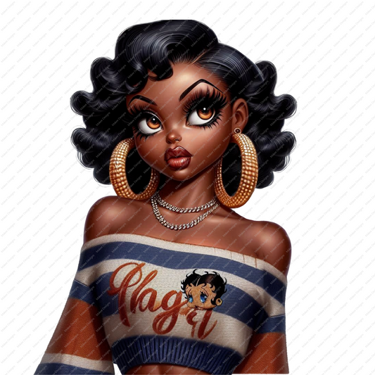 High-resolution PNG of a confident Afro Betty Boop-inspired character with melanin-rich features, perfect for sublimation and baddie-themed designs.
