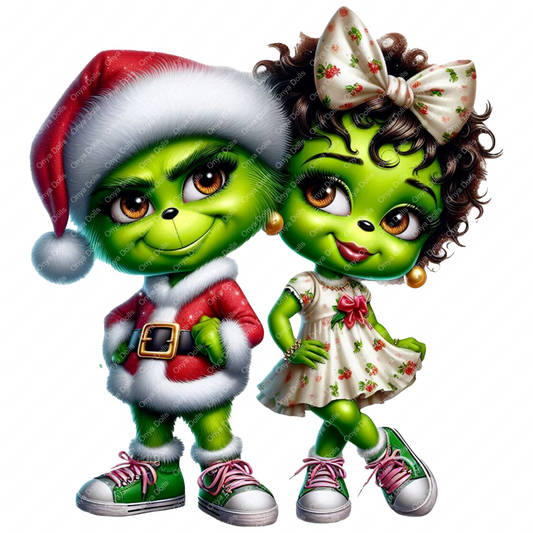 High-resolution PNG of melanin-rich Onya Doll siblings dressed in festive Grinch outfits, including a baby Grinch character, perfect for holiday sublimation designs.
