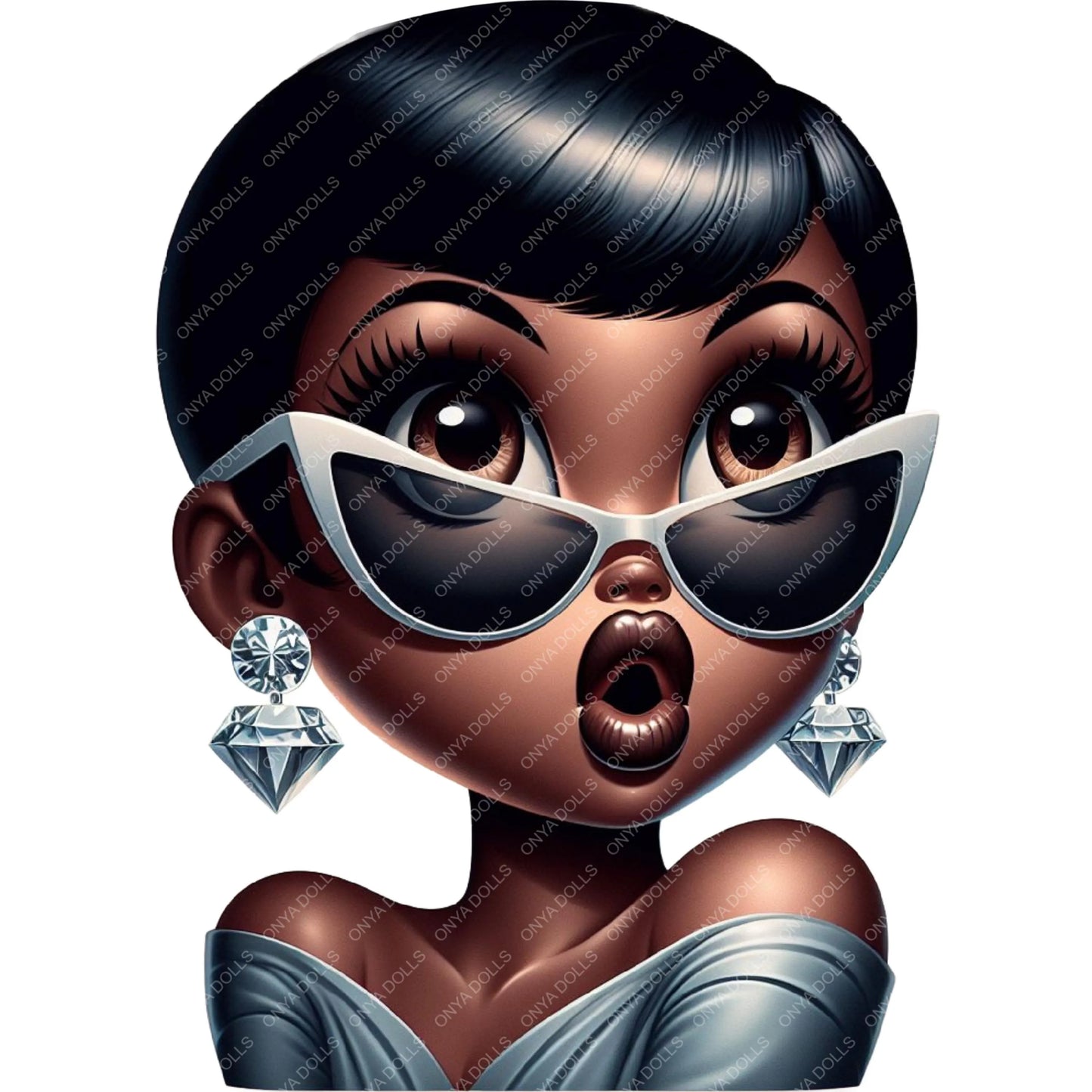 High-resolution PNG of Afro Betty Boop styled as a glamorous rich auntie, wearing luxury fashion. Transparent background, perfect for sublimation.
