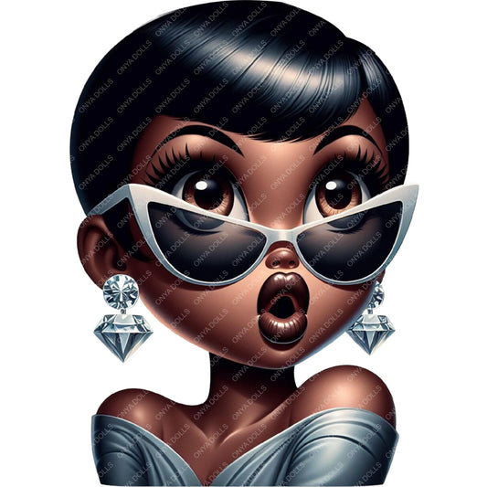 High-resolution PNG of Afro Betty Boop styled as a glamorous rich auntie, wearing luxury fashion. Transparent background, perfect for sublimation.
