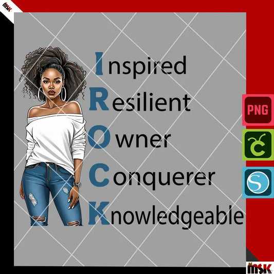 A high-resolution PNG featuring a confident African American woman in stylish attire, standing beside or overlaid with the bold affirmation “I ROCK.” The woman exudes boss energy and melanin-rich beauty, with fashion-forward style and a poised expression. The PNG has a transparent background, ideal for sublimation, planners, shirts, mugs, and digital projects.