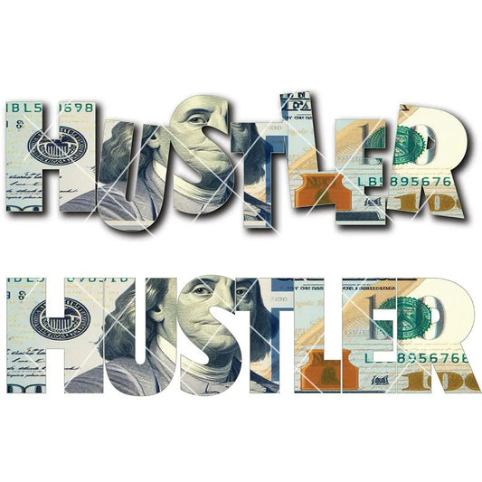 A high-resolution PNG featuring the word “Hustler” in bold, stylized lettering surrounded by money-themed elements like dollar bills, gold, or stacks of cash. Designed with clean lines and a transparent background, ideal for sublimation, apparel, planner covers, and digital boss branding.