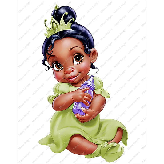A high-resolution PNG illustration of a cute African American baby girl in Afro Boop style, holding a baby bottle. She has a soft afro, melanin-rich skin, and may wear a small crown or bow. The design is bright, clean, and made for sublimation, planner covers, and baby shower crafts. Transparent background included.