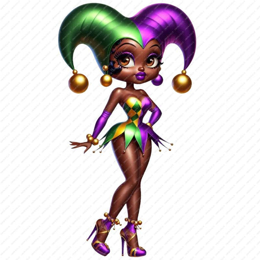 Onya jester girl clipart showing a Black woman in a purple and green carnival jester outfit with heels
