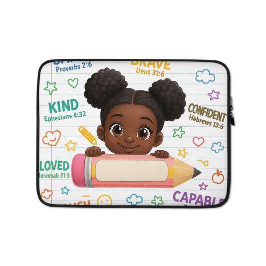 Melanin school girl laptop sleeve with afro puffs, giant pencil, colorful doodles, and Bible verse affirmations. Back-to-school inspirational design.
