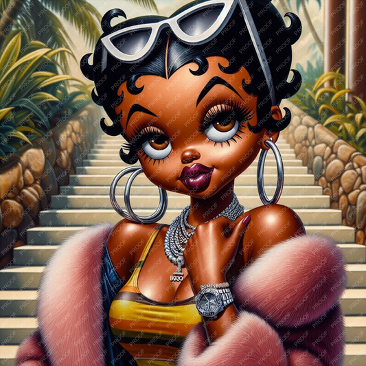 Afro Baddie Boop with shades, diamond chains, gold top, and fur jacket on a staircase—luxury melanin PNG for sublimation and crafts.
