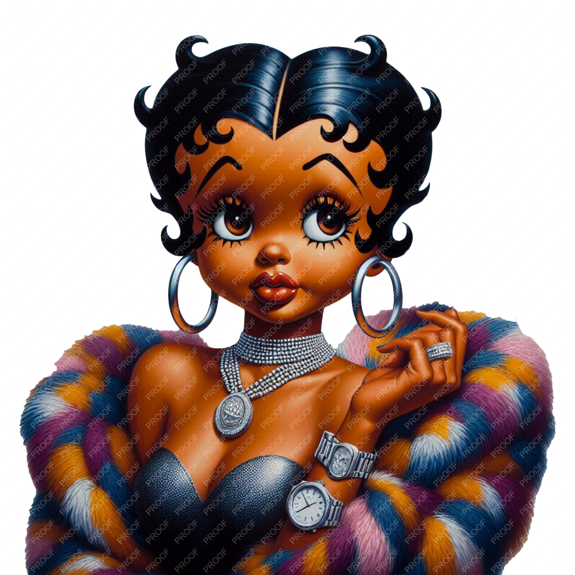 Afro Betty Boop character in rainbow fur coat with diamond jewelry and bold eyes – luxury glam PNG for sublimation and crafts.
