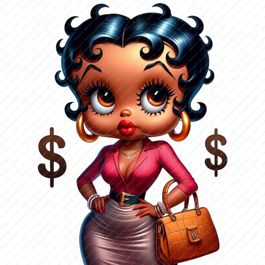 High-resolution PNG of a fashionable melanin woman inspired by Betty Boop, ideal for glam sublimation, apparel, tumblers, and digital design projects.
