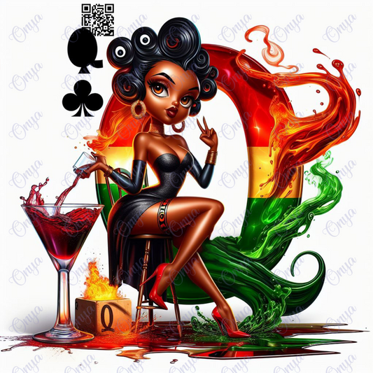 High-resolution PNG of a melanin-rich woman surrounded by flames and wrapped in the African flag, symbolizing Juneteenth pride and empowerment.
