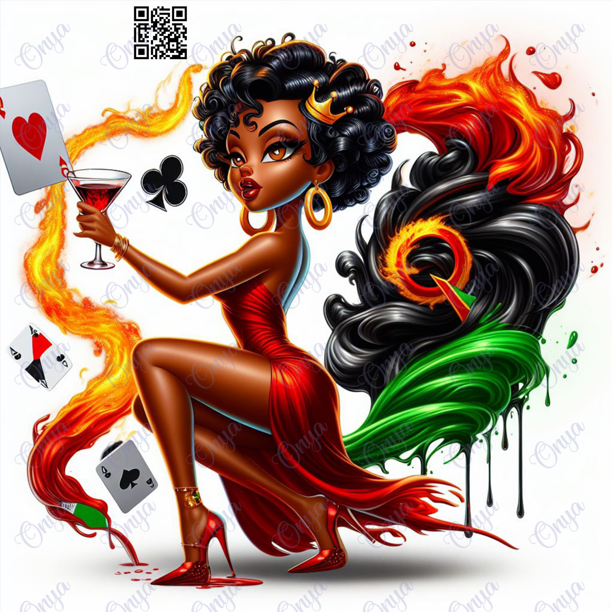 High-resolution PNG of a melanin-rich woman surrounded by flames holding the African flag, symbolizing Juneteenth power and cultural pride.
