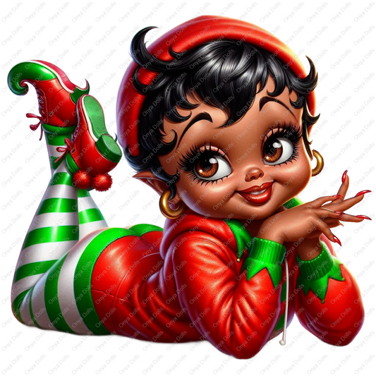 Afro Betty Boop-style girl dressed as a Christmas elf in red and green with striped leggings and pointy shoes. Laying down in cute pose. High-resolution PNG.
