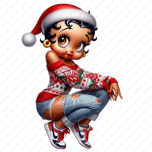 Afro Betty Boop style Christmas girl in Santa hat, red sweater with holly, ripped jeans, and sneakers. Transparent PNG for holiday sublimation projects.
