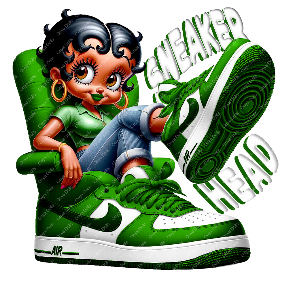 Afro Betty Boop character sitting inside a green and white sneaker chair with “Sneaker Head” text – high-quality PNG for sublimation.
