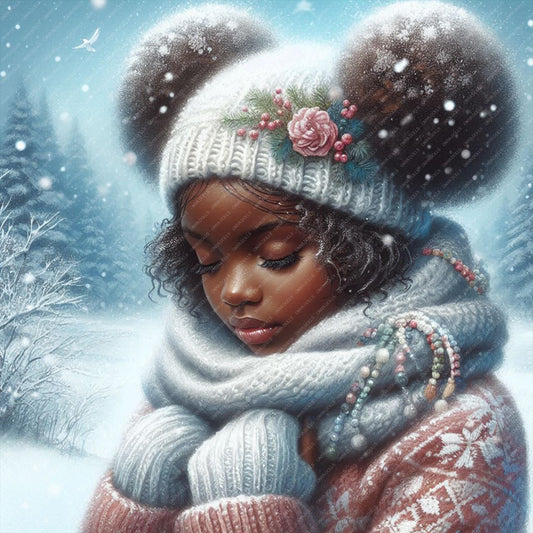 Onya winter clipart showing a Black child with natural hair in a snowy forest wearing cozy winter clothing

